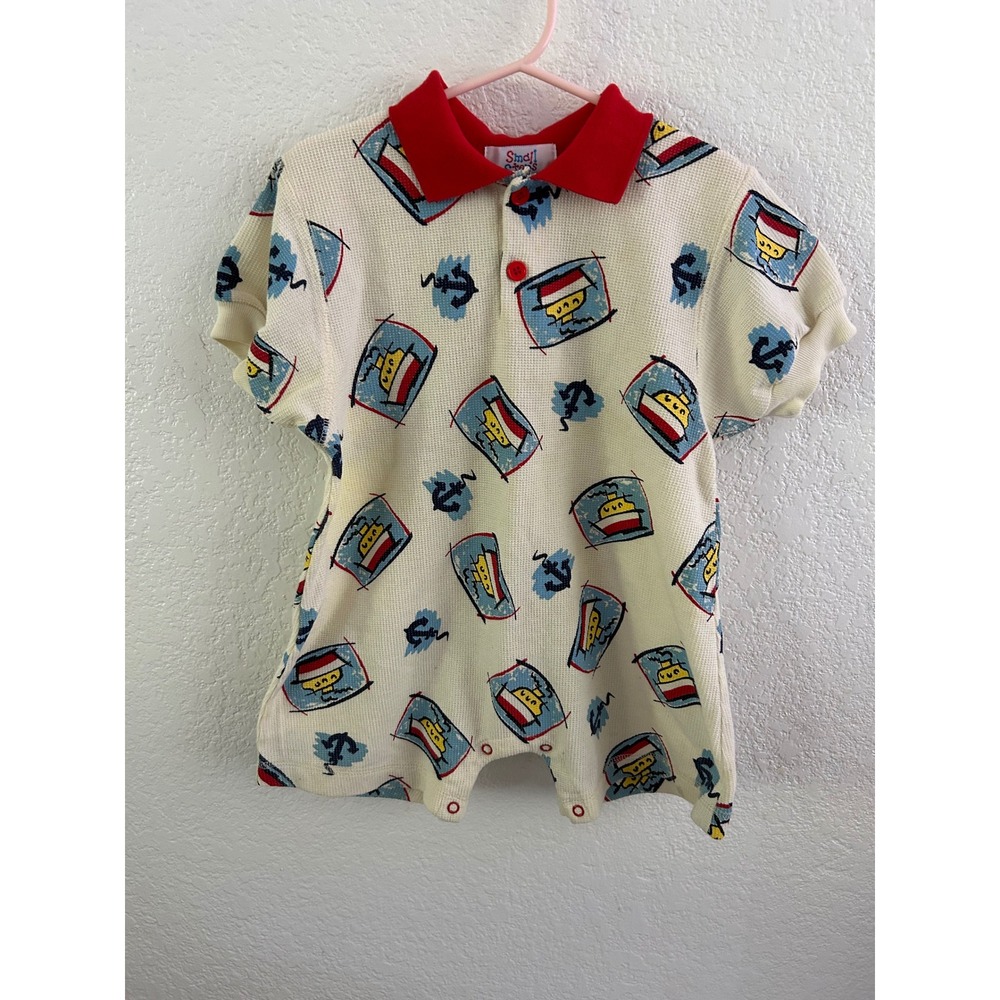 Vintage Small Steps Nautical Boat Anchor Waffle Knit Romper 24 Months Red Cream